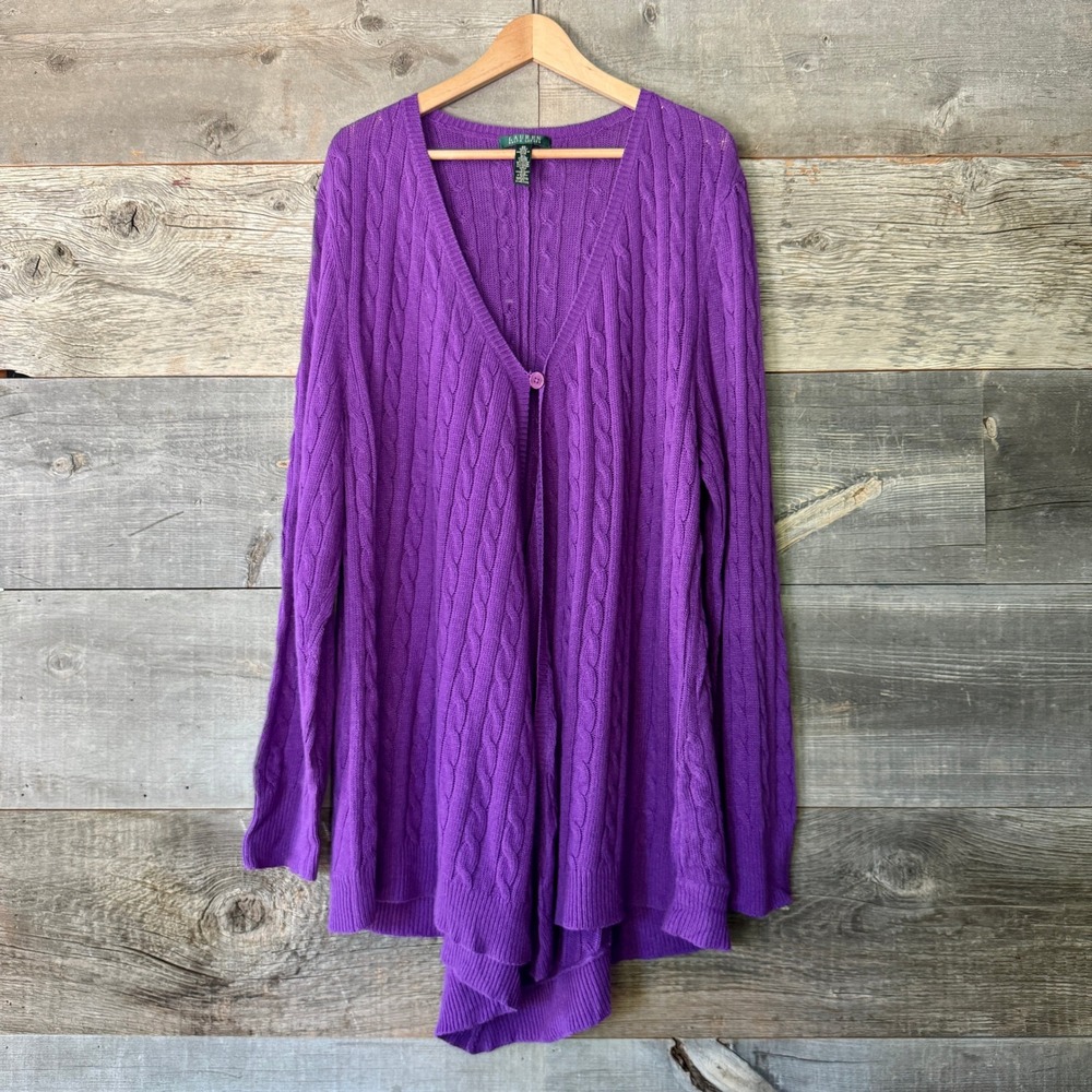 Lauren Ralph Lauren Cable Knit Draped Cardigan 3X Purple Handkerchief Hem Flowy